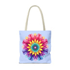 Colorful and vibrant Rainbow Mandala Tote Bag featuring intricate geometric design