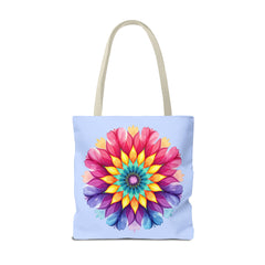 Colorful and vibrant Rainbow Mandala Tote Bag featuring intricate geometric design