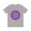 Vibrant, multi-colored mandala geometric design on a stylish T-shirt