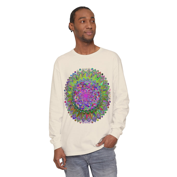 Eye-catching unisex long sleeve t-shirt with a detailed and colorful mandala design