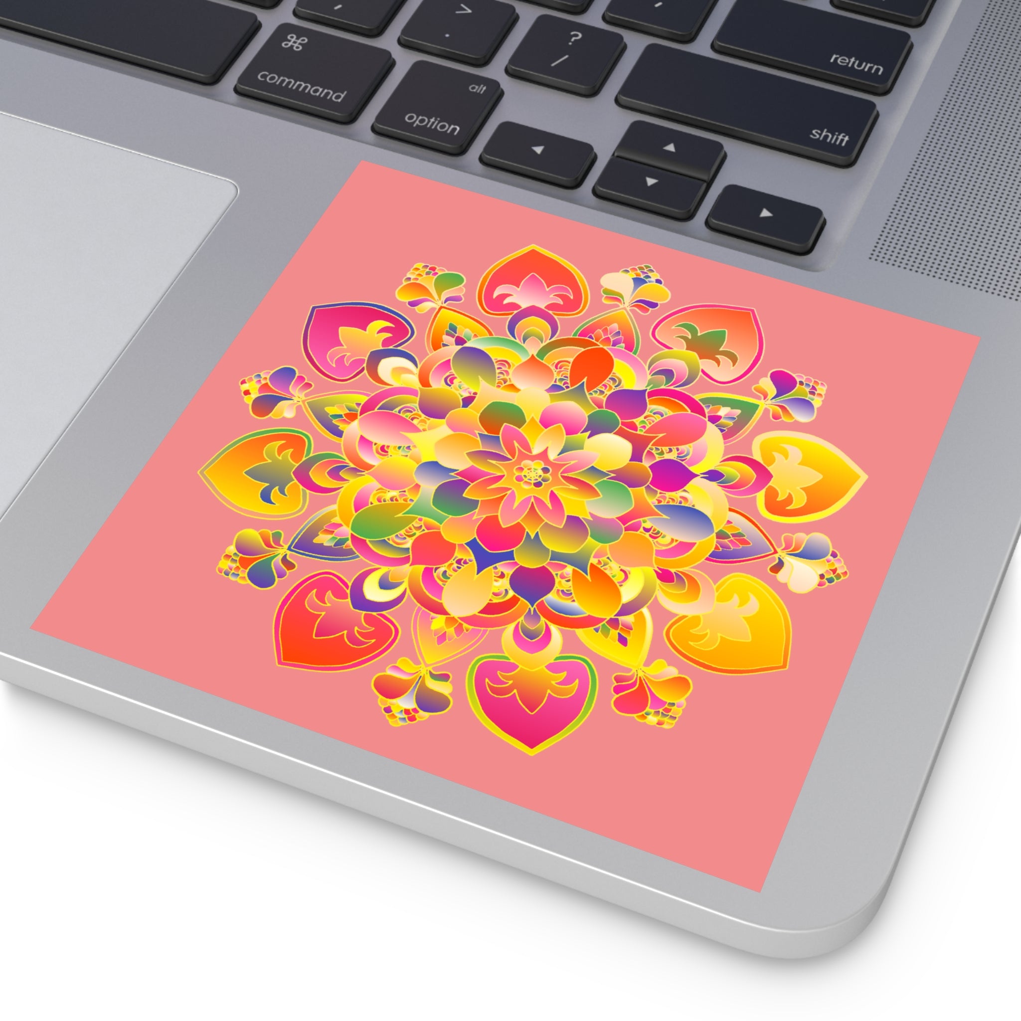 Handgezeichnete Mandala-Laminieraufkleber – Gold, Rot und Grün auf zartkorallenfarbenem Grund