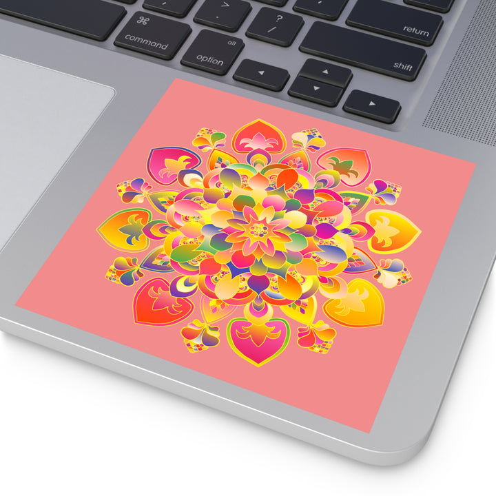 Hand-Drawn Mandala Laminate Stickers – Gold, Red, and Green on Soft coral