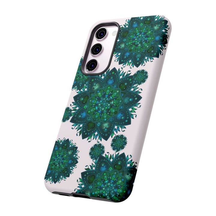 Beautiful light pink and green mandala phone case with a peaceful and intricate design