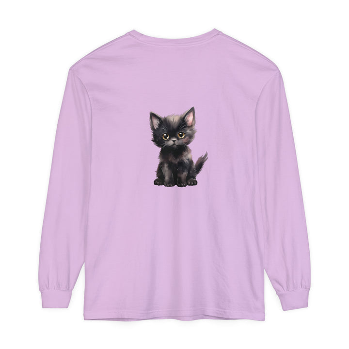 Adorable black kitten with striking yellow eyes printed on a cozy long sleeve t-shirt