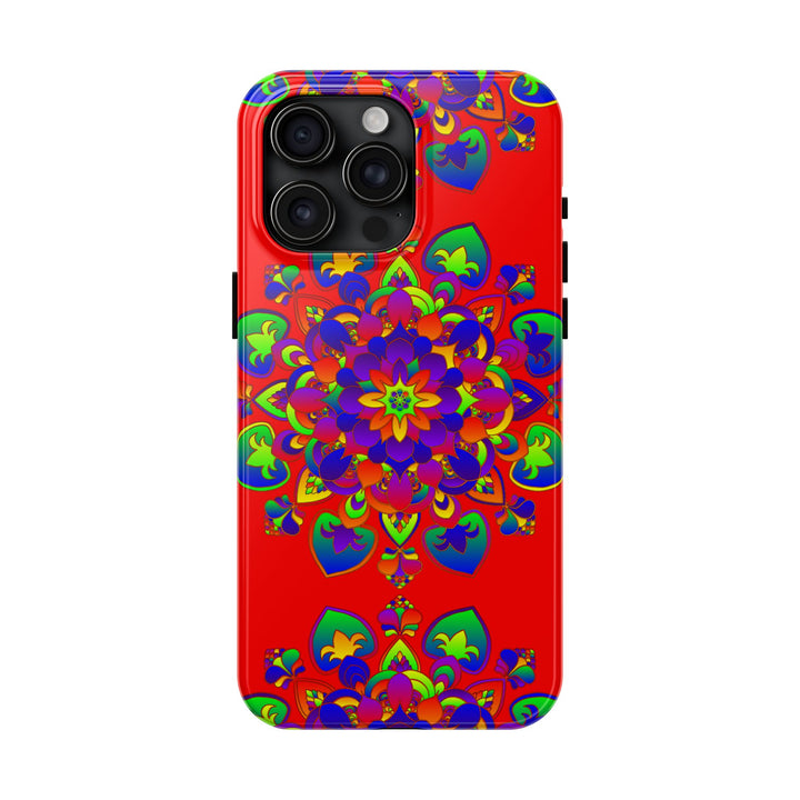 Hand drawn red mandala art phone case with intricate floral design