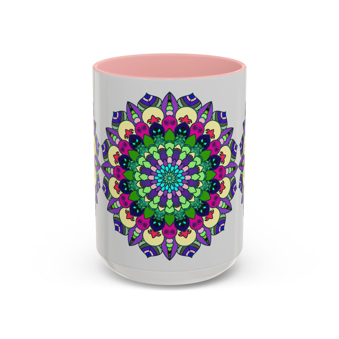 Colorful mandala art design, with intricate patterns and vibrant hues, adorning a ceramic mug, evoking a sense of spirituality and creativity