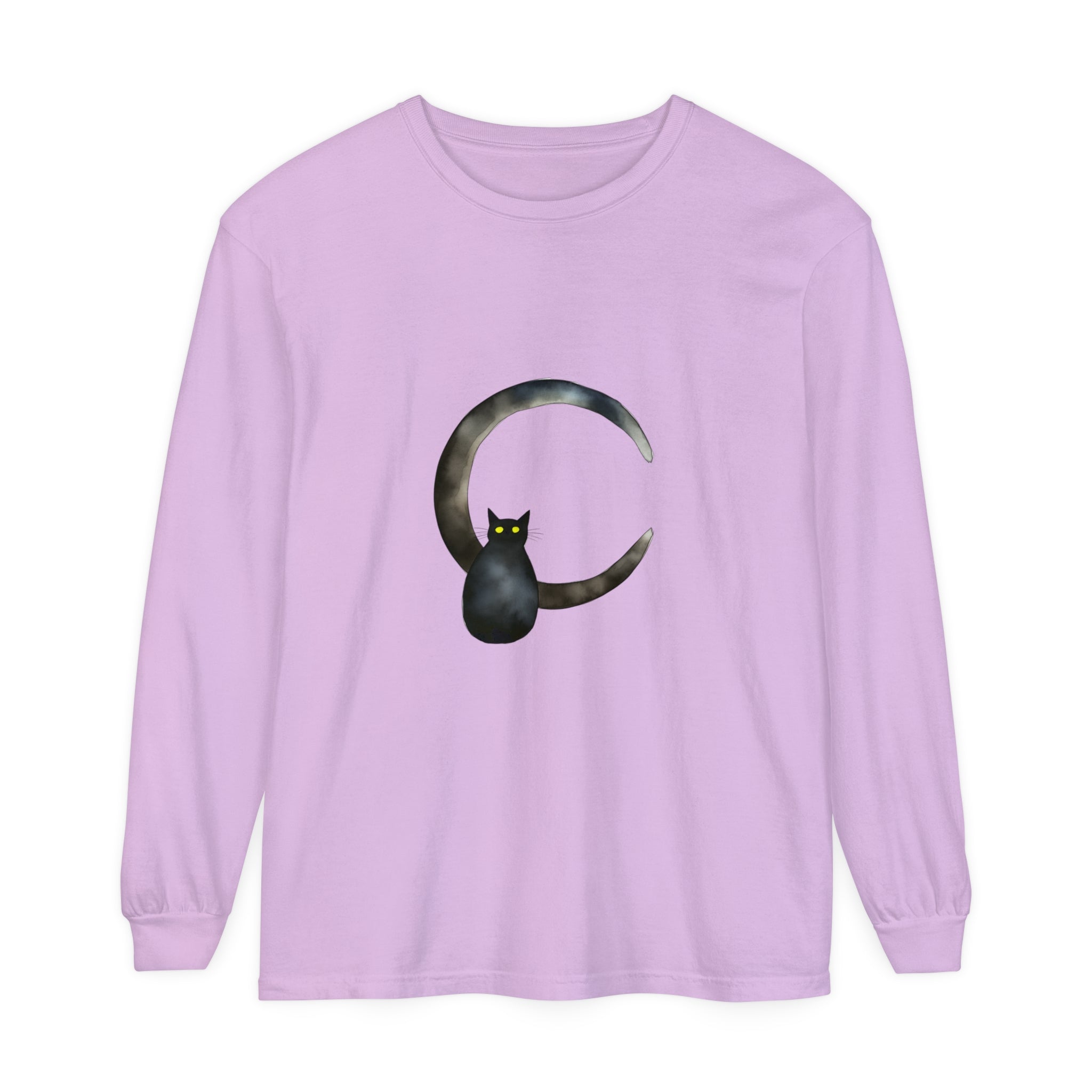 Black Cat Crescent Moon T-Shirt with Spooky Halloween Design for Men and Women