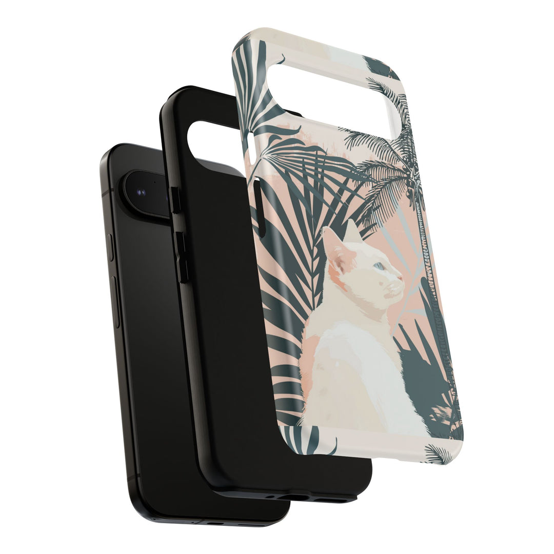 Tropische Katzen-Telefonhülle mit üppigen Palmenmotiven und sanften Pastelltönen