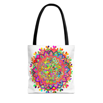 Vibrant and intricate mandala art design tote bag in a variety of bright, bold colors