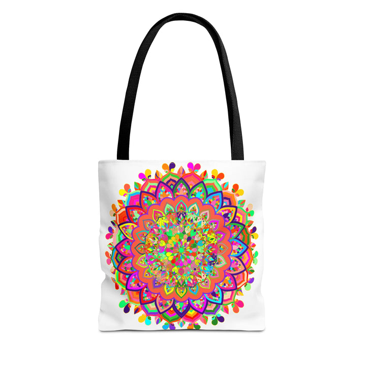 Vibrant and intricate mandala art design tote bag in a variety of bright, bold colors