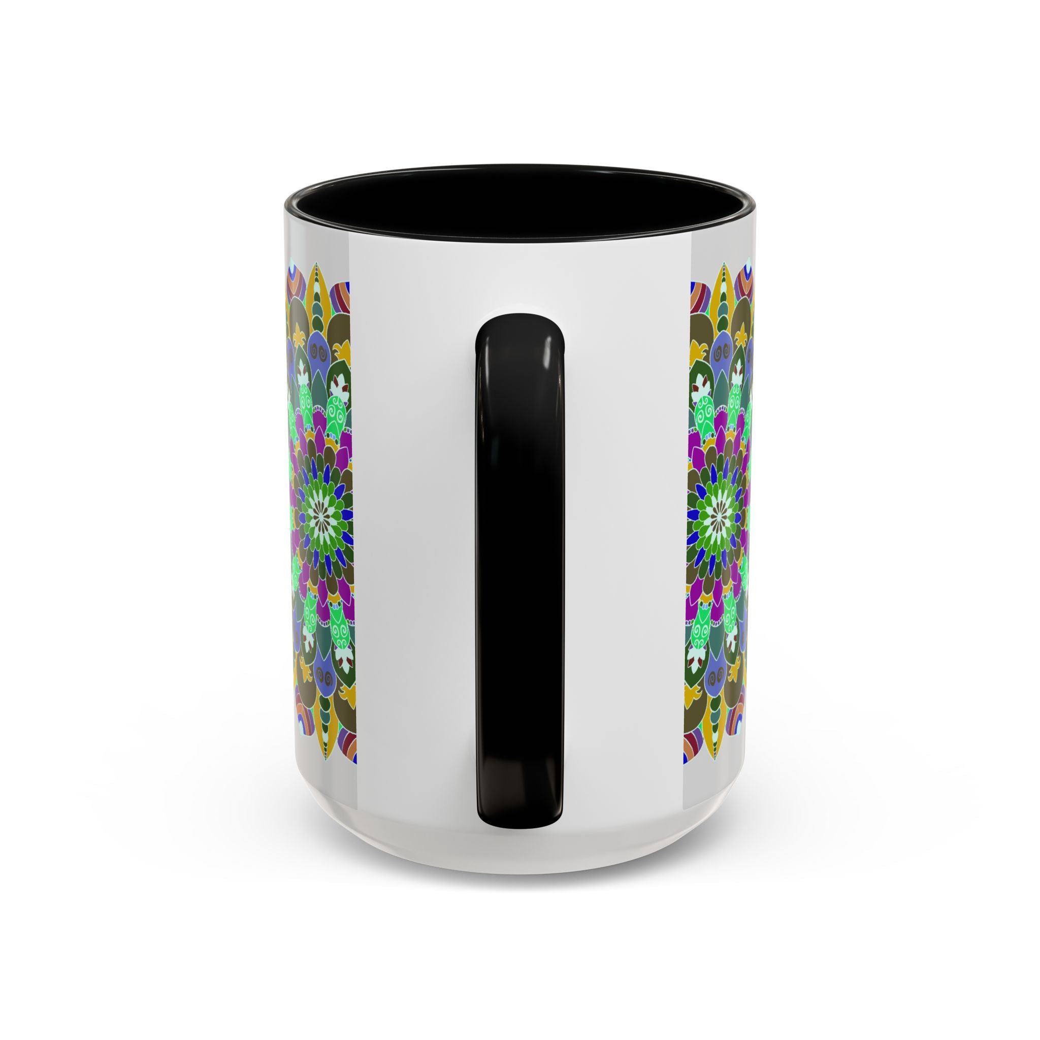 Beautiful mandala art mug with vibrant colors, creating a serene and peaceful atmosphere