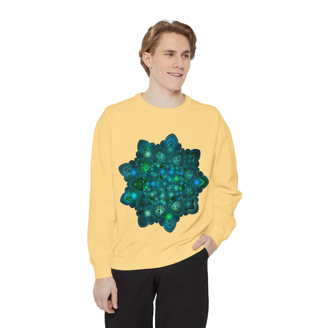 Beautiful blue and green mandala sweatshirt with intricate design and vibrant colors