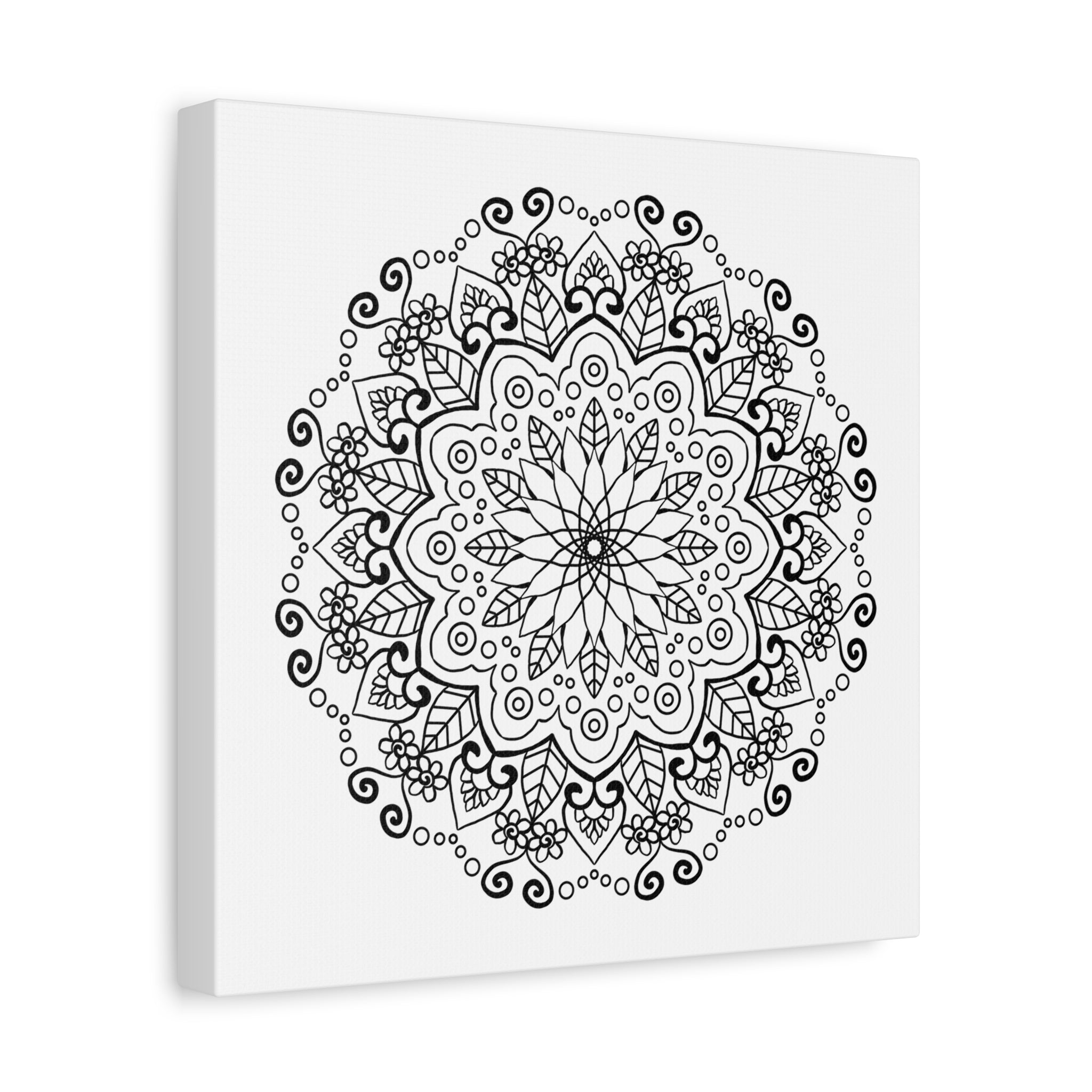 Handmade mandala art in black and white, printed on matte canvas, stretched and ready to hang on your wall, 125 inches thick