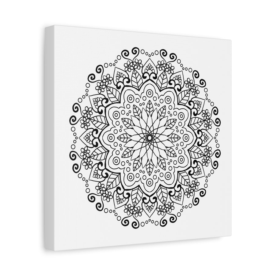 Handmade mandala art in black and white, printed on matte canvas, stretched and ready to hang on your wall, 125 inches thick