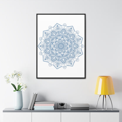 Handmade steel blue mandala design wall art displayed on gallery canvas wraps with a vertical frame