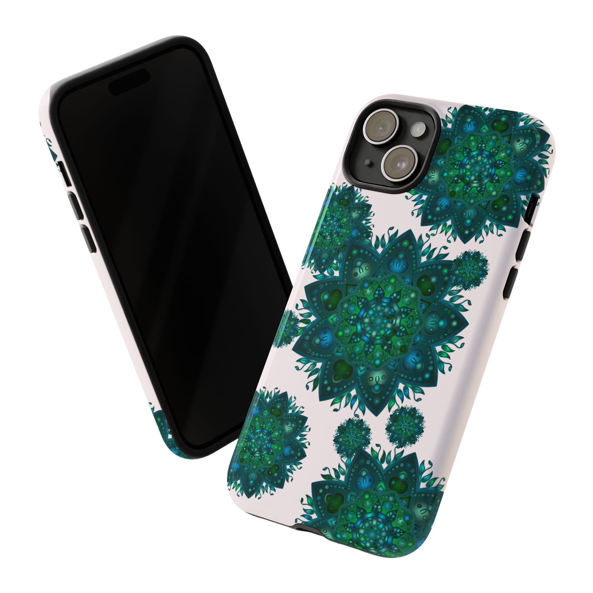 Beautiful light pink and green mandala design phone case for a peaceful and stylish look