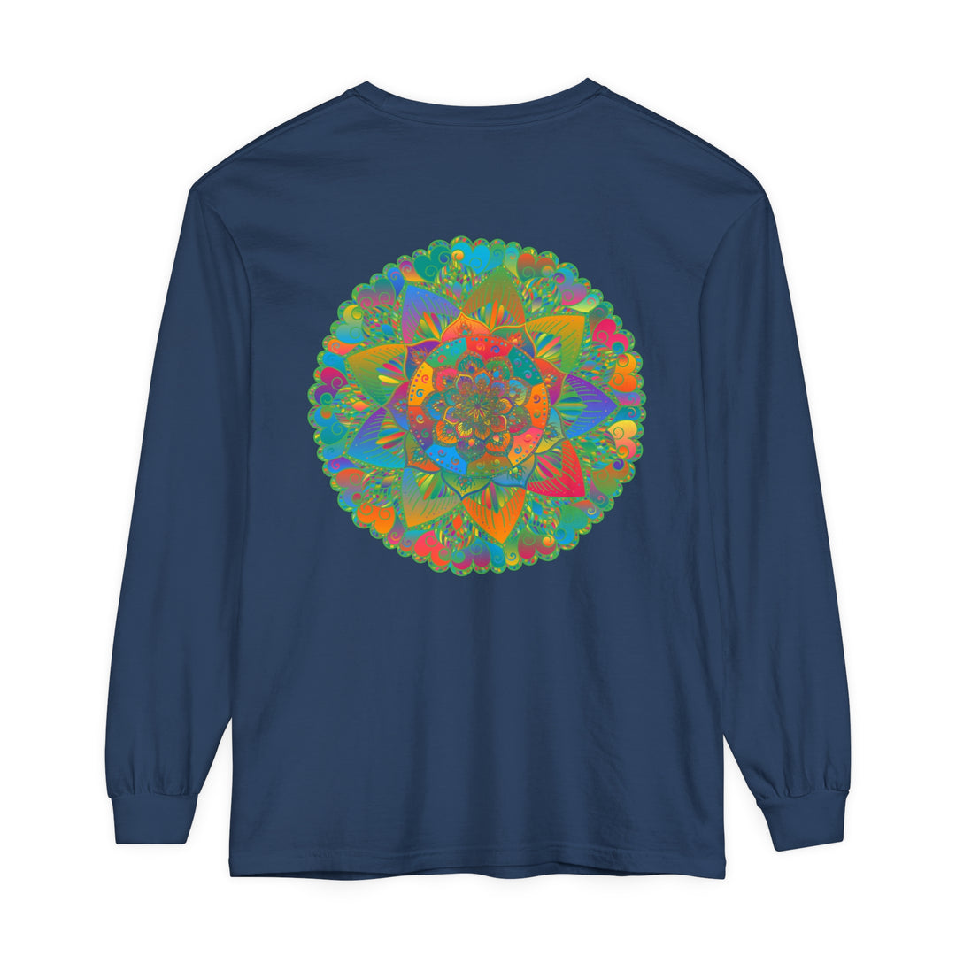 Colorful mandala design on a unisex long sleeve t-shirt for men and women