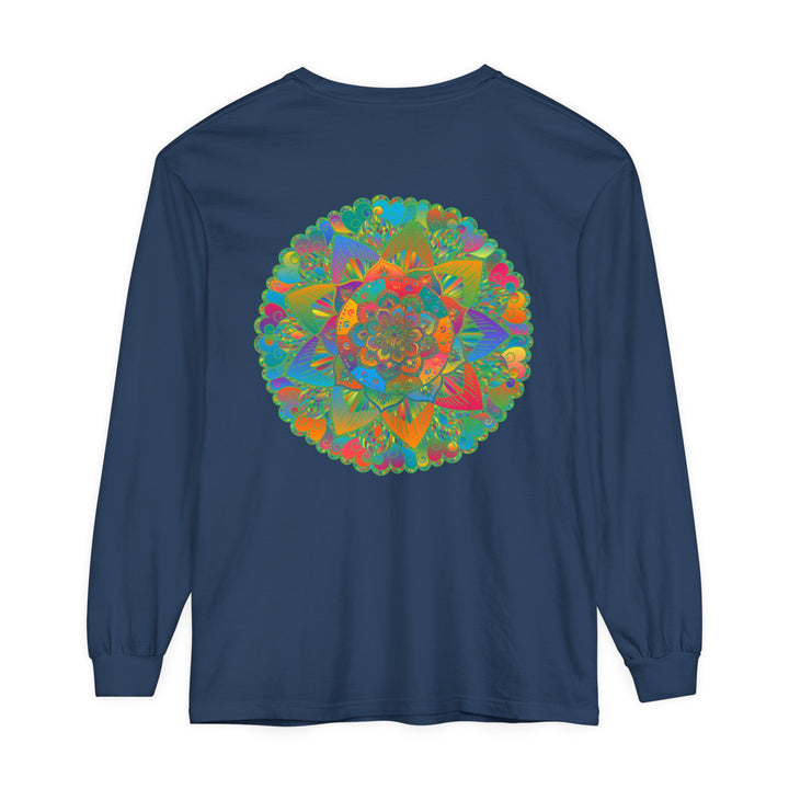 Colorful mandala design on a unisex long sleeve t-shirt for men and women