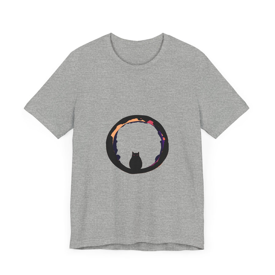 A close-up image of a black cat mystery moon t-shirt, featuring a spooky and stylish design perfect for Halloween and beyond