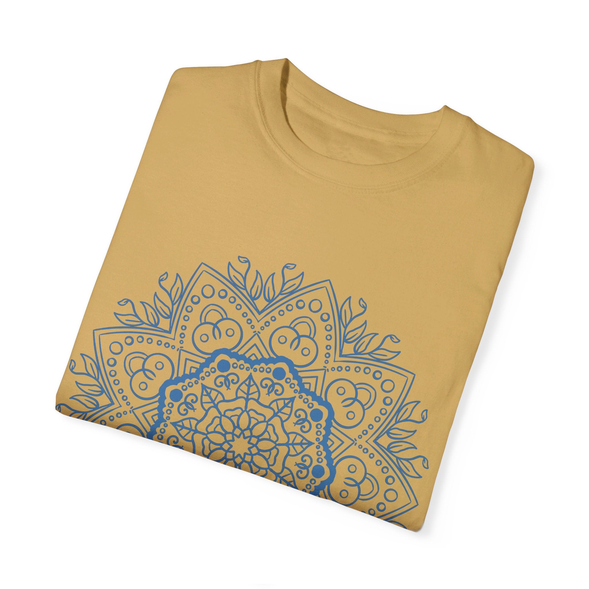 Handmade unisex Mandala Tshirt featuring a unique, hand-drawn mandala design and garment-dyed for a one-of-a-kind look