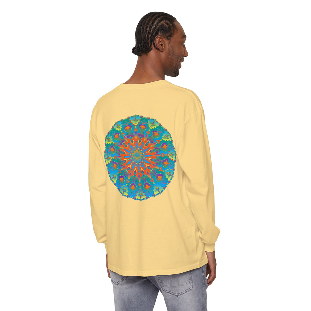 Colorful rainbow mandala long sleeve t-shirt with vibrant and intricate design