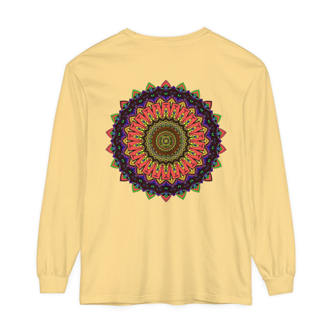 A long sleeve t-shirt featuring an intricate and colorful mandala design