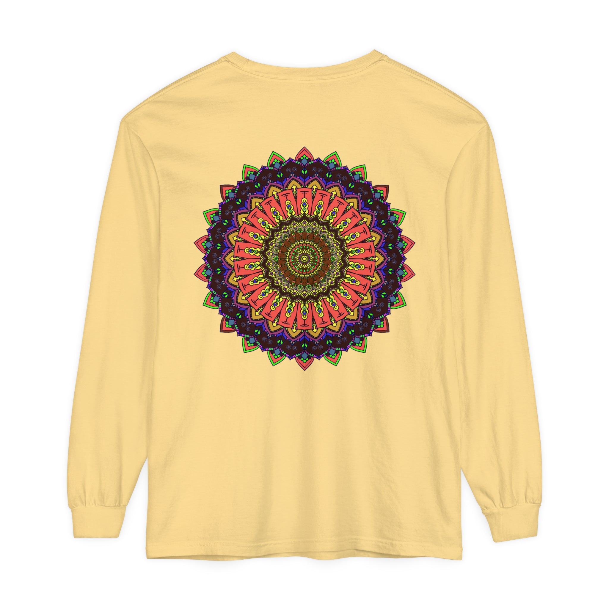 A long sleeve t-shirt featuring an intricate and colorful mandala design