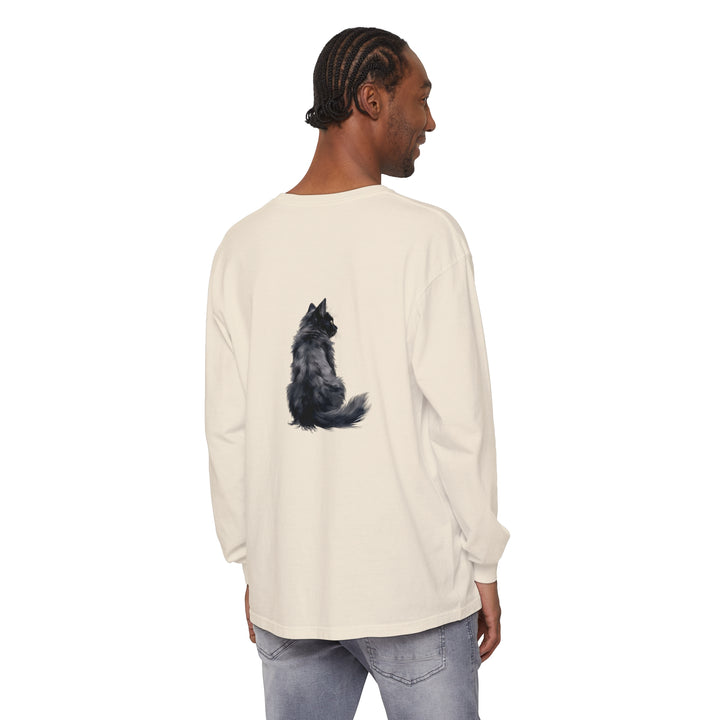 Black cat silhouette unisex long sleeve t-shirt with moon and stars design