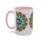 A beautiful mandala art mug in various vibrant colors, featuring a serene and calming design perfect for enjoying your favorite hot beverage