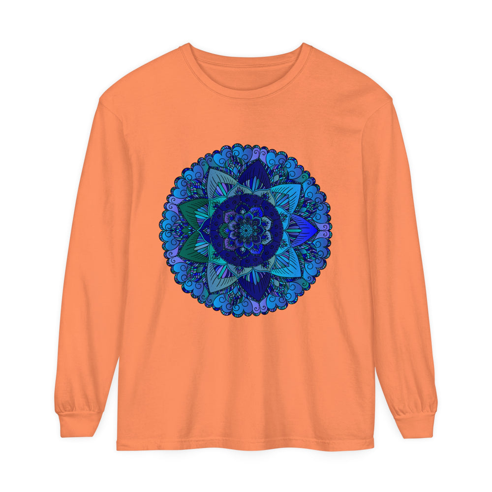 Dark blue and green mandala long sleeve t-shirt, perfect for bohemian style lovers