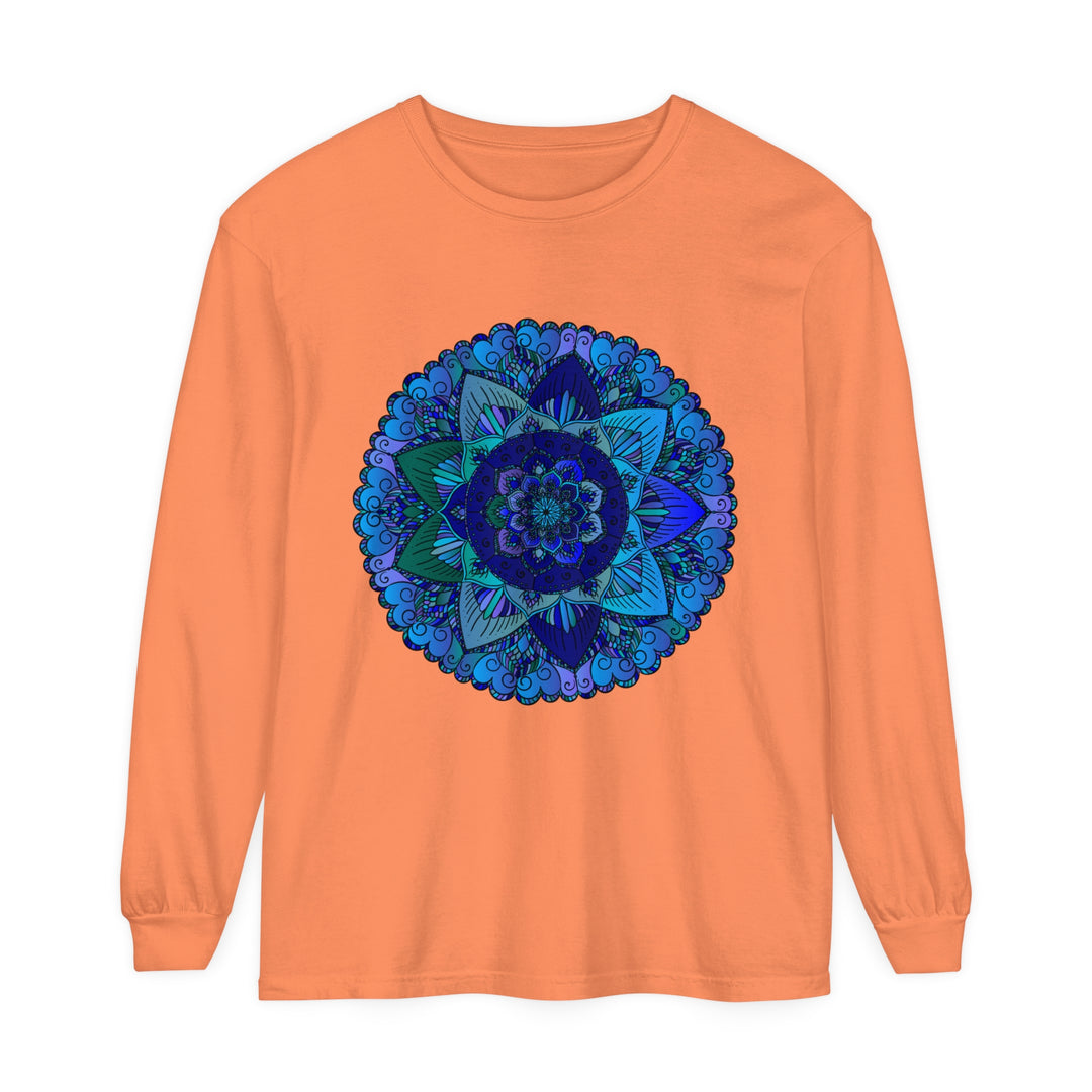 Dark blue and green mandala long sleeve t-shirt, perfect for bohemian style lovers