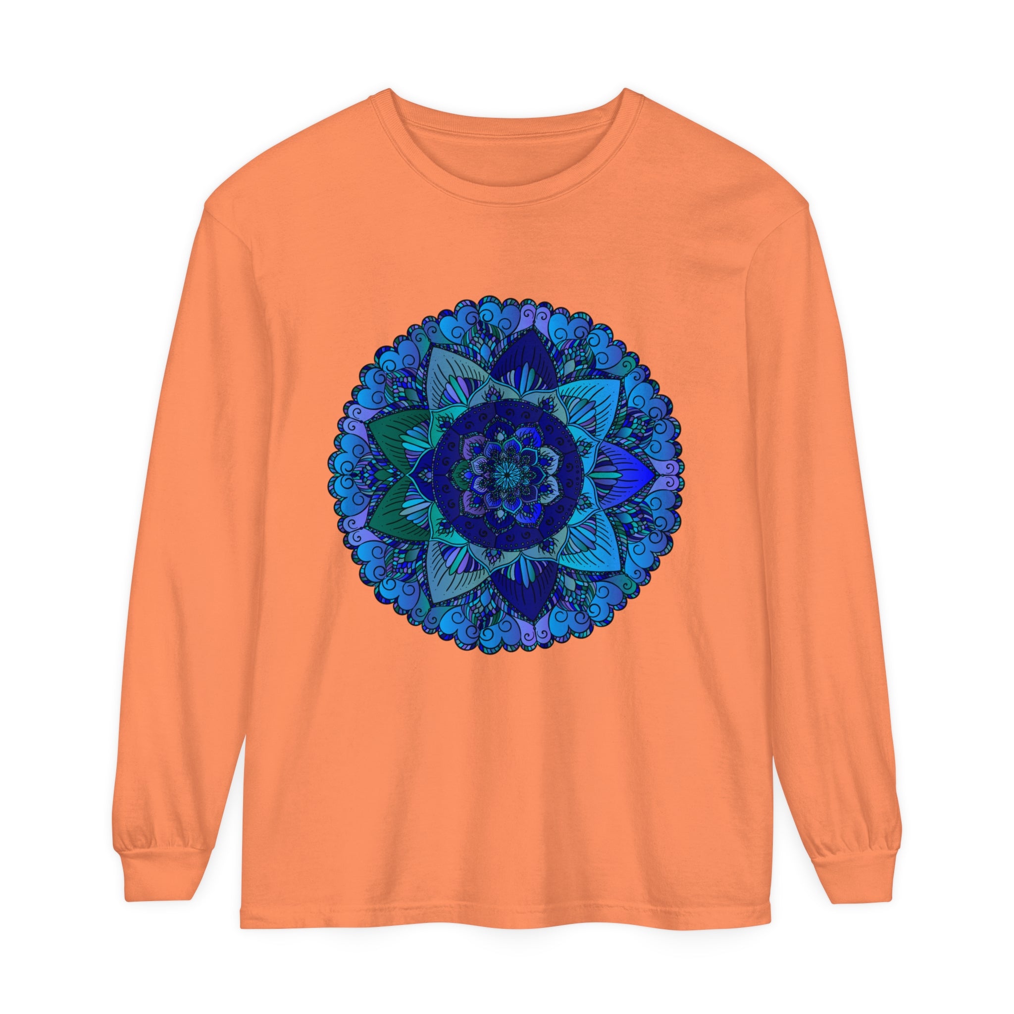 Dark blue and green mandala long sleeve t-shirt, perfect for bohemian style lovers