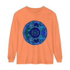 Dark blue and green mandala long sleeve t-shirt, perfect for bohemian style lovers