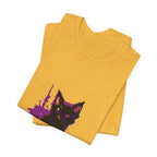 Schwarzes Katzenrätsel – Lila Farbspritzer-T-Shirt