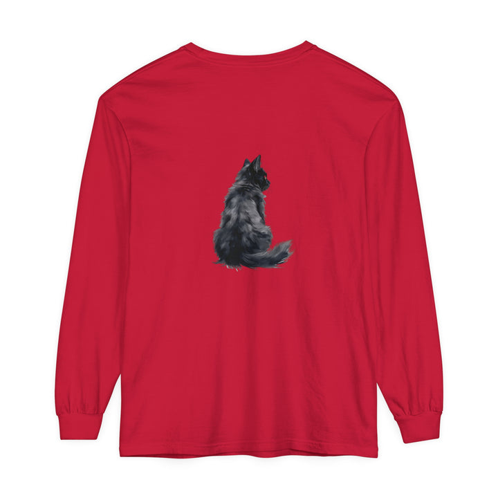 A black cat silhouette printed on the front of a unisex long sleeve t-shirt