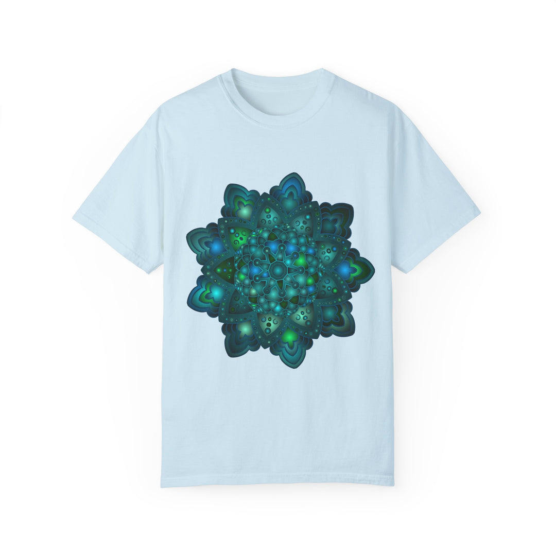 Intricate blue and green mandala design t-shirt, suitable for both men and women, available in various sizes