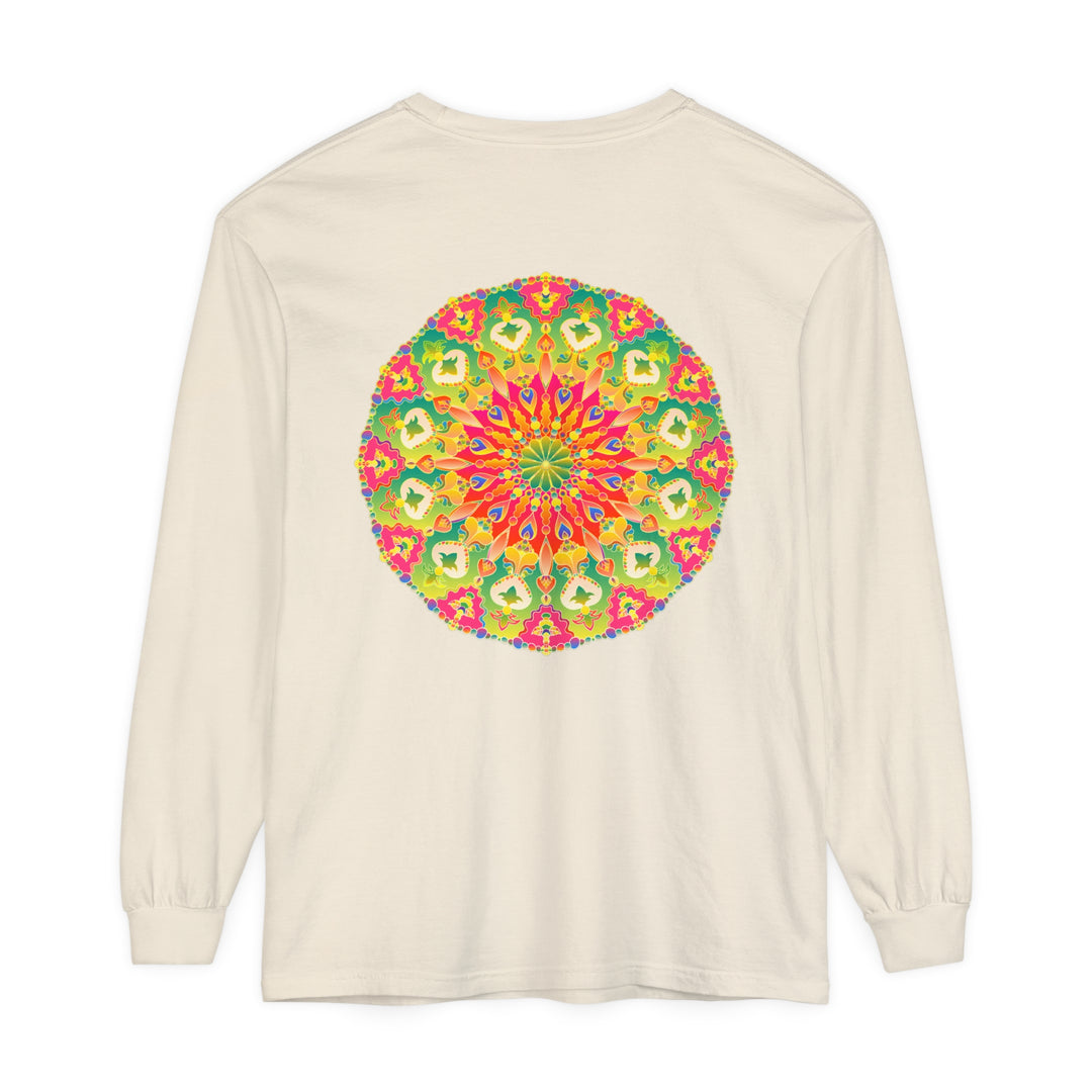 A colorful long sleeve t-shirt featuring an intricate mandala design