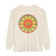 A colorful long sleeve t-shirt featuring an intricate mandala design