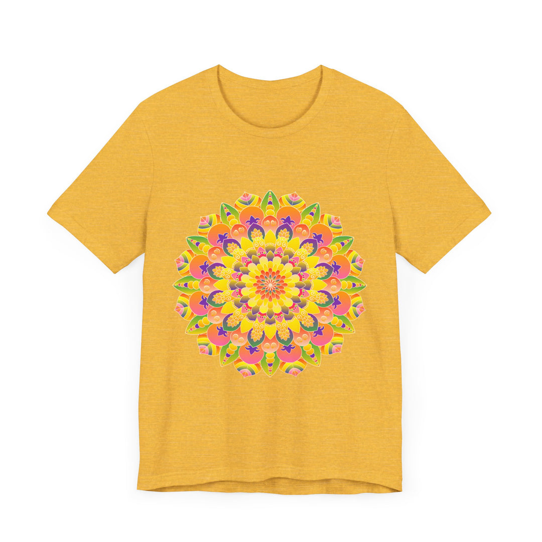 A colorful and intricate mandala design printed on a soft, comfortable tee