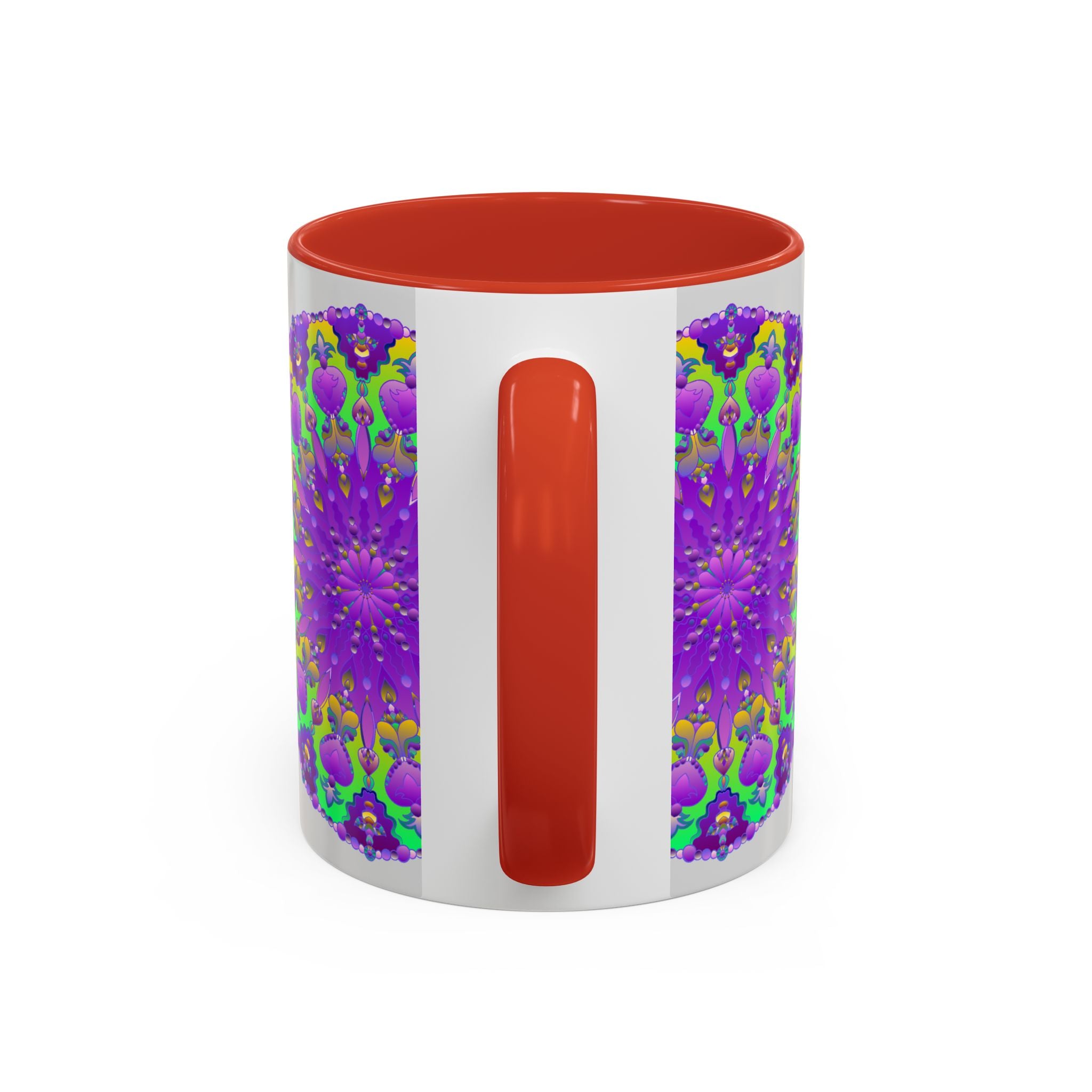 Beautiful purple mandala design on a ceramic mug with vibrant art against a grey background