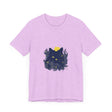 A close-up of a black t-shirt with a whimsical floral design