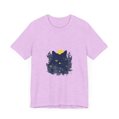 A close-up of a black t-shirt with a whimsical floral design