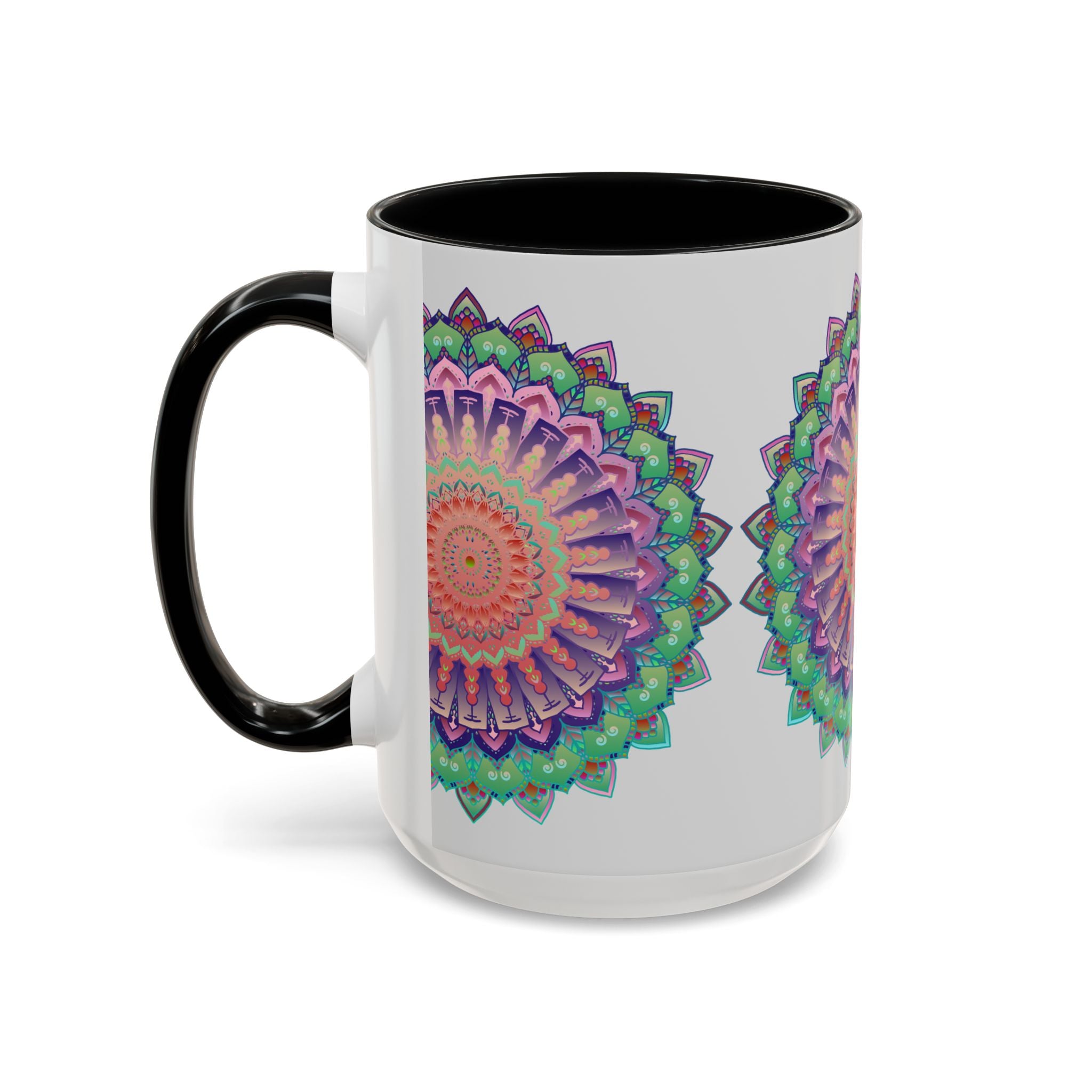 Colorful floral mandala art mug with intricate design and vibrant colors