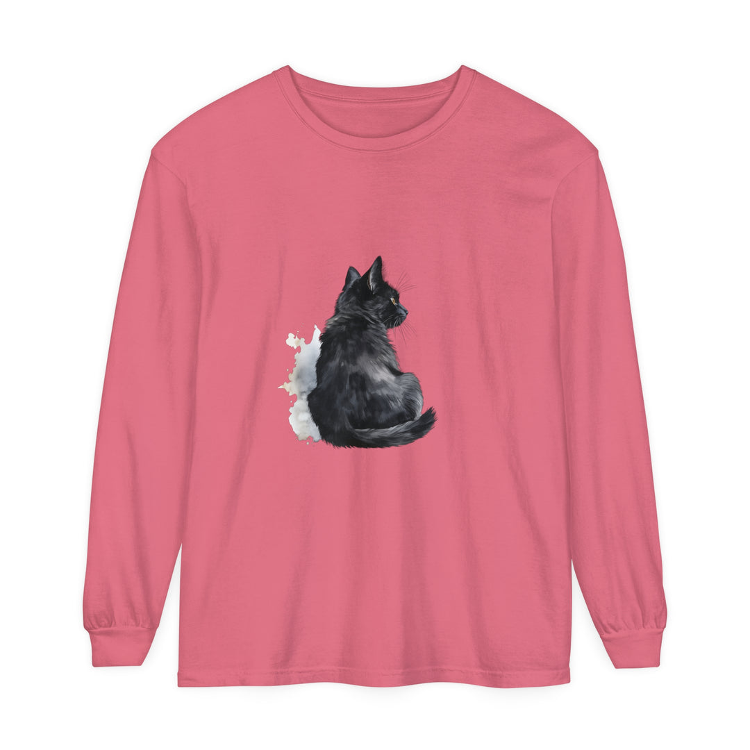 Black Cat Watercolor Unisex Long Sleeve T-Shirt featuring a vibrant watercolor design of a sleek black cat on a comfortable long sleeve shirt