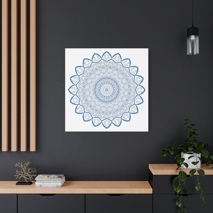 Beautiful handmade mandala art piece featuring steel blue design on matte canvas, stretched to 125 inches, perfect for wall decor