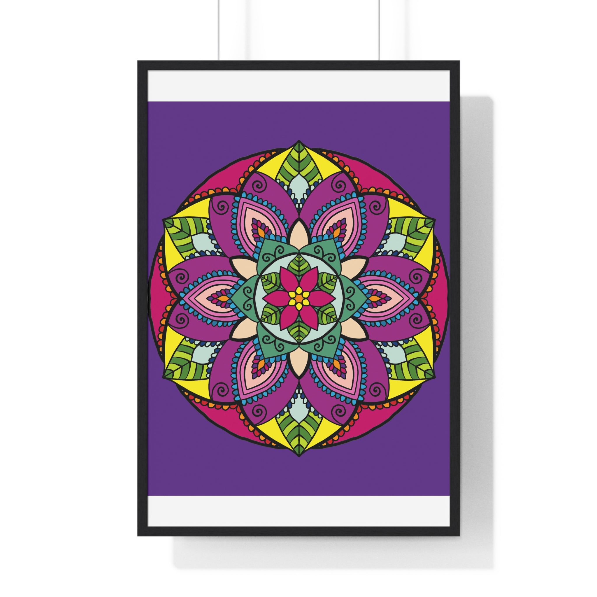 Hand-drawn purple mandala art framed poster for mindfulness and yoga