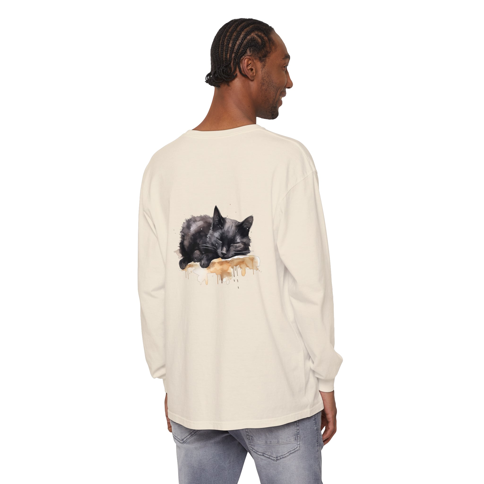 A stunning watercolor illustration of a black cat sleeping peacefully on a t-shirt