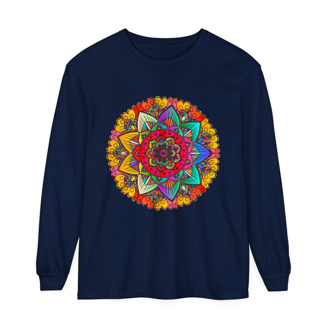 Colorful and intricate mandala design on a unisex long sleeve T-shirt