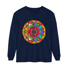 Colorful and intricate mandala design on a unisex long sleeve T-shirt