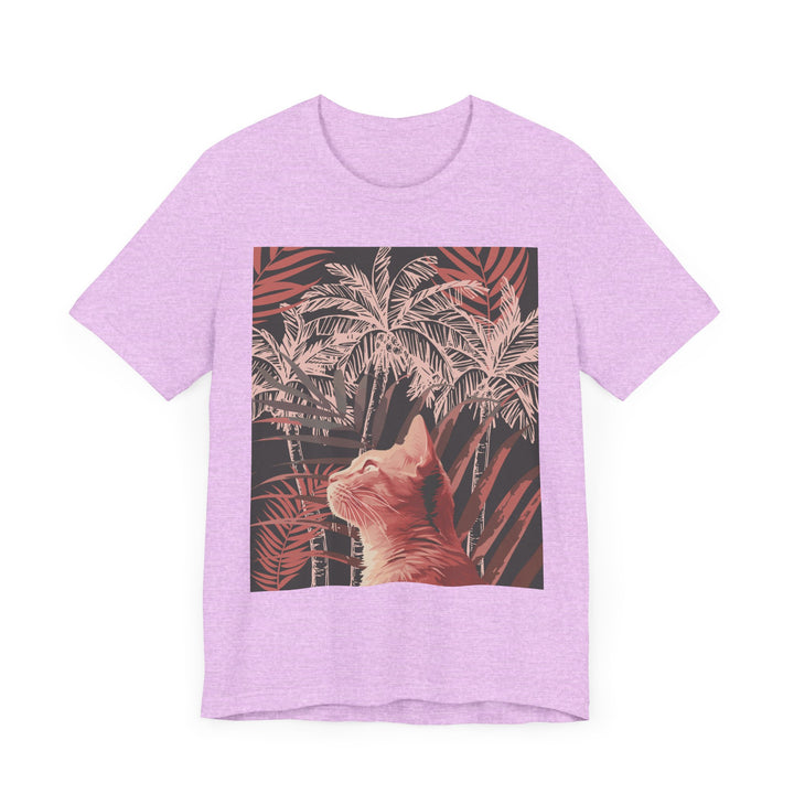 White short-sleeve T-shirt featuring a graphic print of a ginger cat lounging under a palm tree on a sunny beach